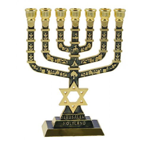 7-Branch Menorah with Star of David & Jerusalem & Judaic Images, Dark Green - 9.5