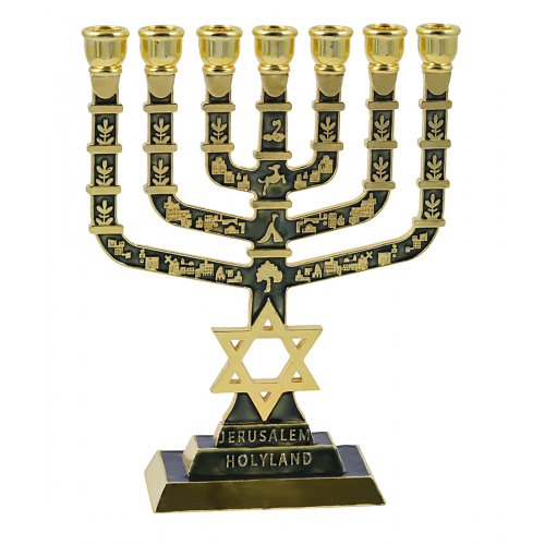 7-Branch Menorah with Star of David & Jerusalem & Judaic Images, Dark Green - 9.5