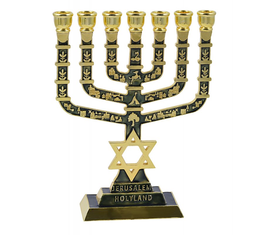 7-Branch Menorah with Star of David & Jerusalem & Judaic Images, Dark Green - 9.5