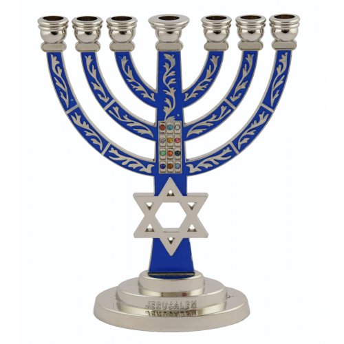 7-Branch Menorah with Star of David and Breastplate, Dark Blue on Silver – 5.2 Inches