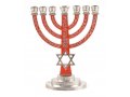 7-Branch Menorah with Star of David and Breastplate, Red on Silver  5.2 Inches