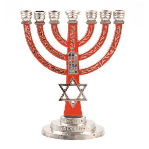 7-Branch Menorah with Star of David and Breastplate, Red on Silver  5.2 Inches