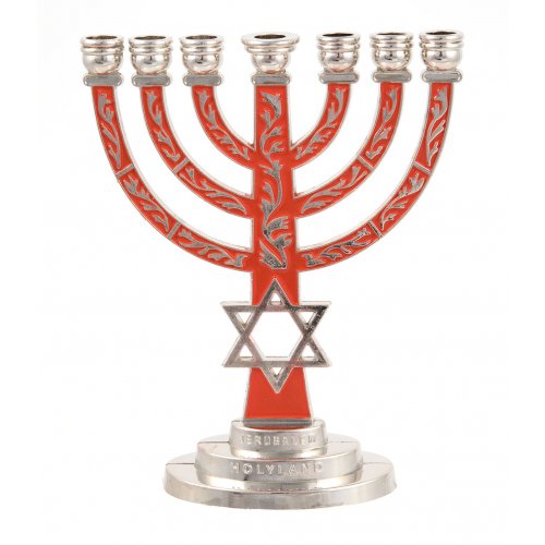 7-Branch Menorah with Star of David and Breastplate, Red on Silver  5.2 Inches