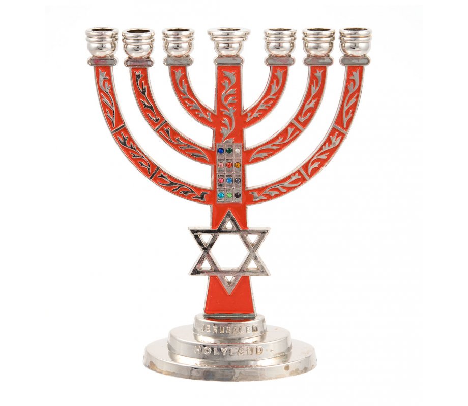 7-Branch Menorah with Star of David and Breastplate, Red on Silver – 5.2 Inches