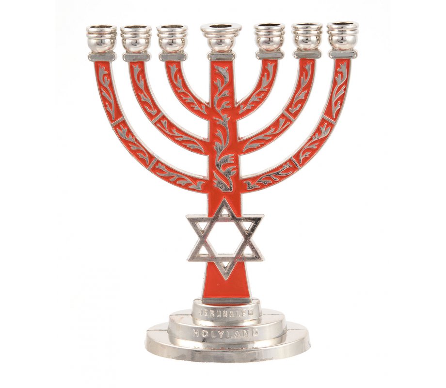 7-Branch Menorah with Star of David and Breastplate, Red on Silver – 5.2 Inches