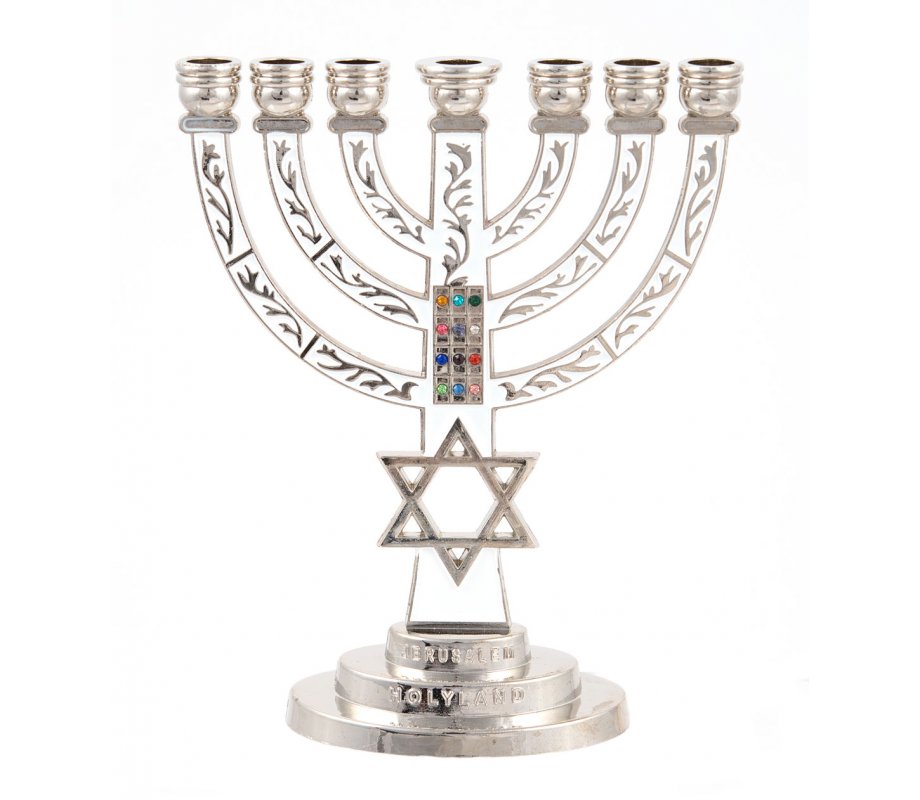 7-Branch Menorah with Star of David and Breastplate, White on Silver  5.2 Inches