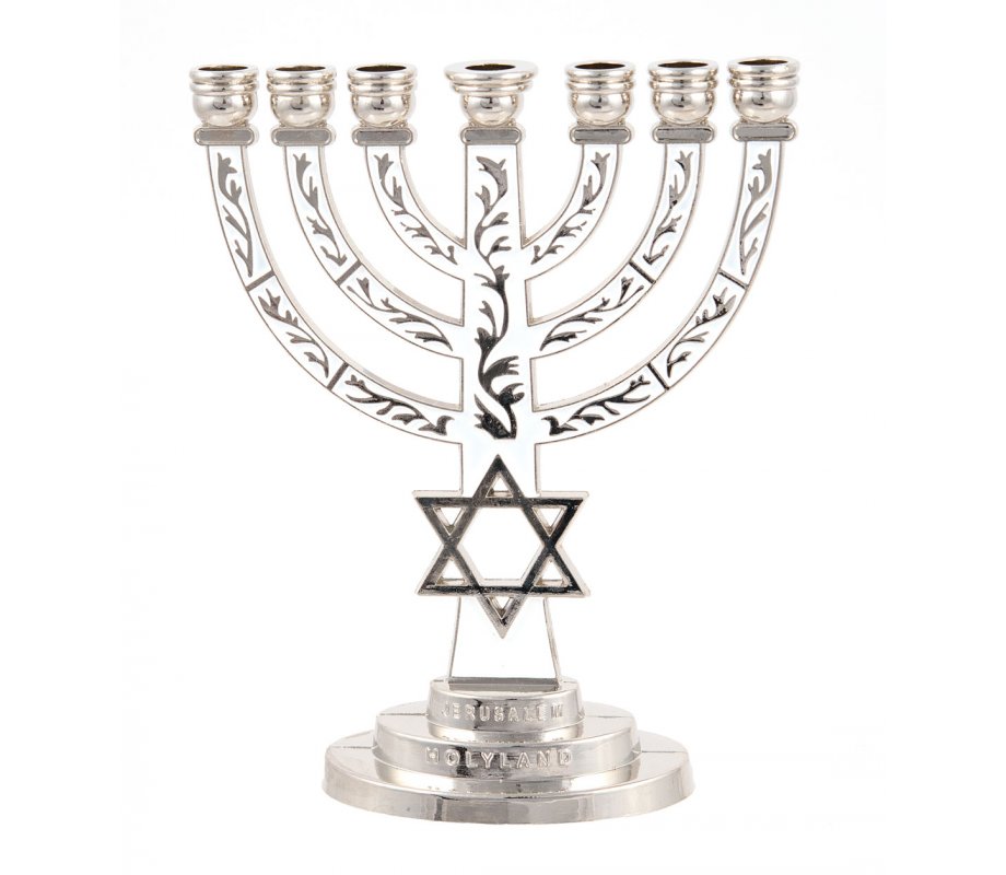 7-Branch Menorah with Star of David and Breastplate, White on Silver  5.2 Inches
