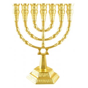 Seven Branch Menorah with Jerusalem Images and Star of David, Gold - 6” or 9.4”