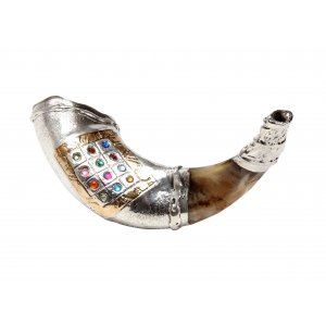 Rams Horn Shofar, Sterling Silver with Colorful Choshen Breastplate Image