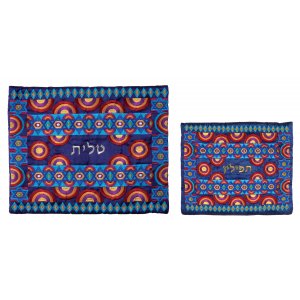 Yair Emanuel Embroidered Prayer Shawl Set, Multiple Stars of David - Blue and Red