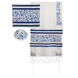Embroidered Silk & Cotton Prayer Shawl Set Trees and Flowers, Blue - Yair Emanuel