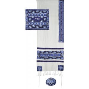 Embroidered Silk and Cotton Prayer Shawl Set, Blue Stars of David - Yair Emanuel