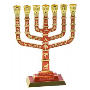 Seven Branch Menorah, Gold and Red with Jerusalem Images and Judaica Motifs - 9.5