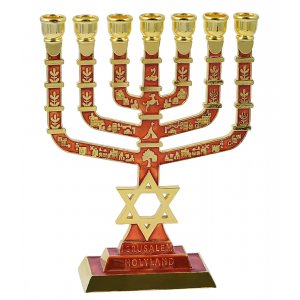 7-Branch Menorah with Star of David & Jerusalem & Judaic Images, Red - 9.5"