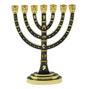 Seven Branch Menorah with Judaic Images in Gold on Dark Green Enamel - 9.5”