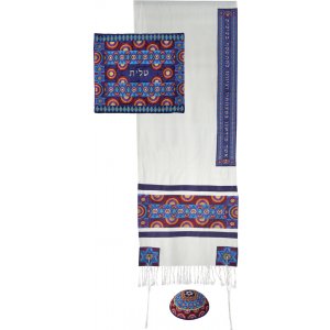 Embroidered Silk and Cotton Prayer Shawl, Red and Blue Stars of David - Yair Emanuel