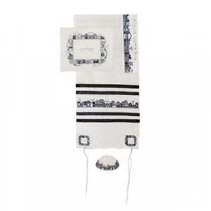White Polysilk Prayer Shawl Set Black Embroidered Jerusalem Design - Yair Emanuel