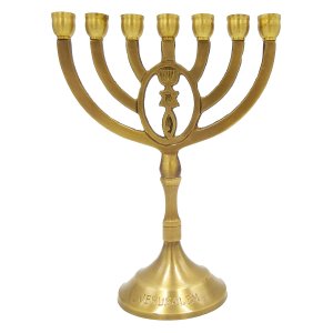 Dark Gold Brass Seven Branch Menorah with Antique Look, Grafted in Design - 8"