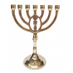 Gleaming Gold Brass Seven Branch Menorah with Oval Framed Grafted In Design - 8"