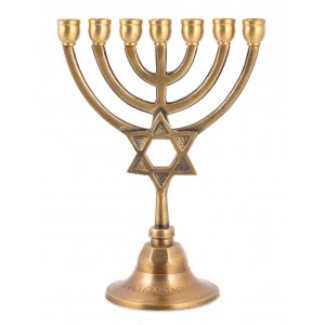 Seven Branch Small Menorah, Antique Dark Gold Brass with Star of David on Stem - 7.5"