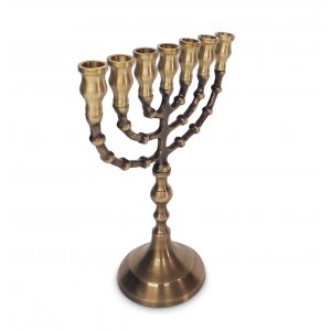 Small Seven Branch Menorah with Antique Look Finish, Dark Gold Brass - 8.5"