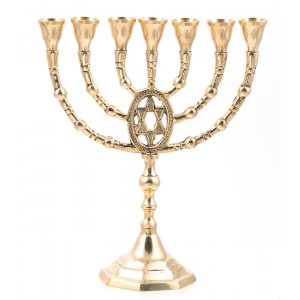 Seven Branch Menorah with Framed Star of David, Gold Colored Brass  10"