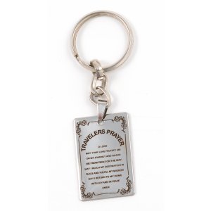 Dog Tag Key Ring with Travelers Prayer in English in Frame - Stainless Steel