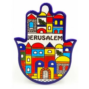 Colorful Jerusalem Images - Ceramic Hamsa Magnet