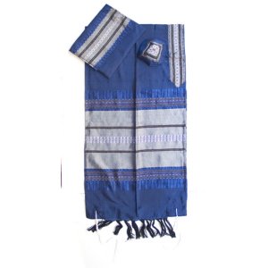 Royal Blue Handwoven Silk Prayer Shawl Tallit Set with Silver Stripes - Gabrieli