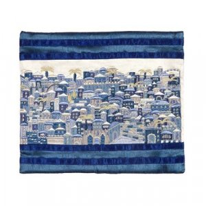 Yair Emanuel Embroidered Prayer Shawl Bag, Panoramic Jerusalem  Blue