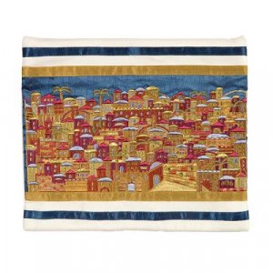 Yair Emanuel Embroidered Prayer Shawl Bag, Panoramic Jerusalem - Gold