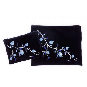 Navy Velvet Prayer Shawl Bag Set with Embroidered Blue Pomegranates - Ronit Gur