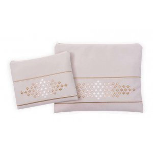 Impala Prayer Shawl Bag Set, Off-White, Gold Diamonds Embroidery - Ronit Gur