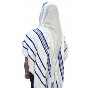 Acrylic Non-Slip Prayer Shawl, Checkerboard Textured Weave - Blue and Silver Stripes