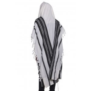 Chabad Wool Non Slip Prayer Shawl - Black Stripes and Thin Handmade Fringes in Corners