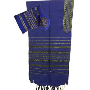 Royal Blue Wool Handwoven Black and Gold Stripes Prayer Shawl Set - Gabrieli
