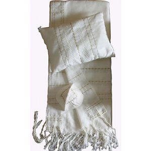 White Wool Handwoven Prayer Shawl Set with Gold Stripes - Gabrieli