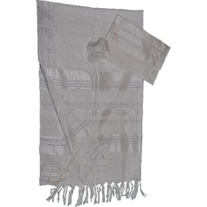 Handwoven Silk Tallit Set, White with Silver Stripes - Gabrieli
