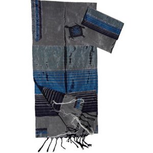 Gray Handwoven Silk Tallit Prayer Shawl Set Shades of Blue Stripes - Gabrieli