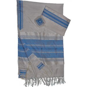 Handwoven Silk White Prayer Shawl Tallit Set with Blue Stripes - Gabrieli
