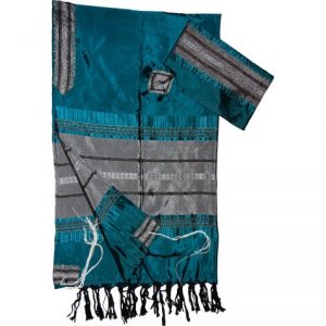 Teal Silk Handwoven Tallit Prayer Shawl Set Blue and Silver Stripes - Gabrieli