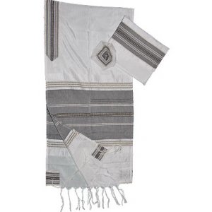 White Silk-Cotton Prayer Shawl Tallit Set with Black and Gold stripes - Gabrieli