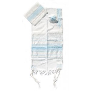 White Silk and Light Blue Stripes Handwoven Prayer Shawl Set Set - Gabrieli