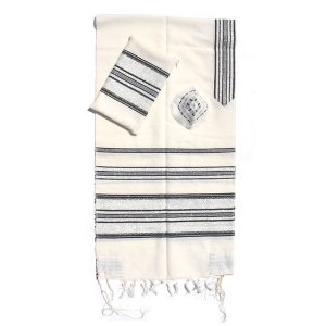 White with Black Stripes Handwoven Wool Prayer Shawl Tallit Set - Gabrieli
