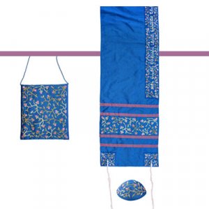 Embroidered Flowers on Polysilk Blue Tallisack Prayer Shawl Set - Yair Emanuel