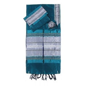 Green Silk Handwoven Prayer Shawl Tallit Set with Silver Stripes - Gabrieli