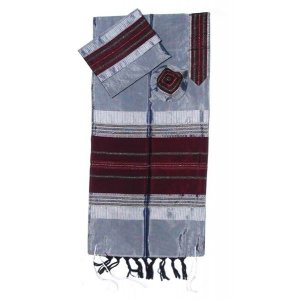 Gray Silk Handwoven Prayer Shawl Tallit Set with Maroon Stripe - Gabrieli