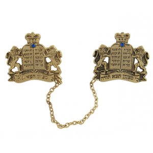 Gold Plated Prayer Shawl Clips with Chain - Lion of Judah with Tablets