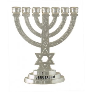 Small Decorative Silver Seven Branch Menorah with Star of David & Breastplate - 4"