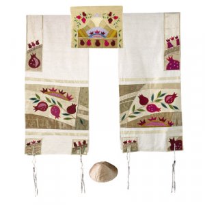 Embroidered Raw Silk Prayer Shawl Set Pomegranates, Gold - Yair Emanuel